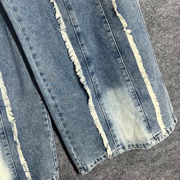 Wide Leg Jeans Womens Large Blue Denim Fringe Frayed Streetwear Baggy Distressed - Picture 3 of 12